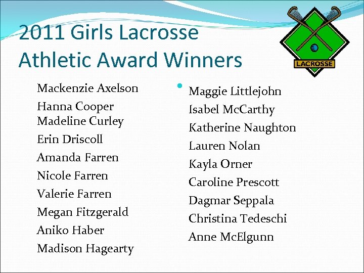 2011 Girls Lacrosse Athletic Award Winners Mackenzie Axelson Hanna Cooper Madeline Curley Erin Driscoll