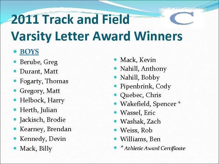 2011 Track and Field Varsity Letter Award Winners BOYS Berube, Greg Durant, Matt Fogarty,