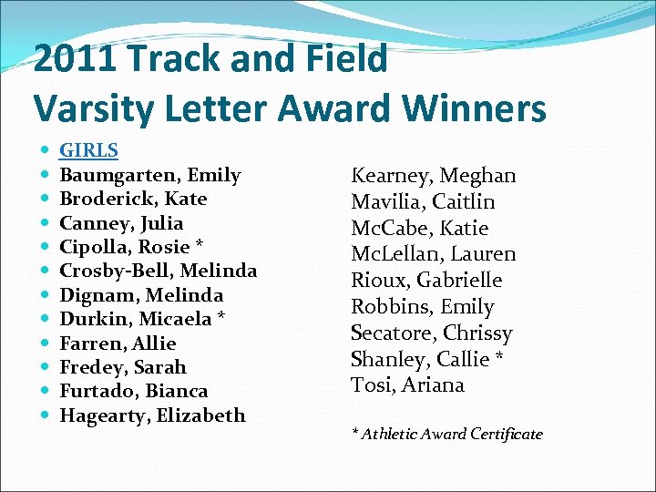 2011 Track and Field Varsity Letter Award Winners GIRLS Baumgarten, Emily Broderick, Kate Canney,
