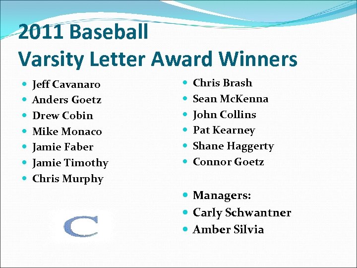 2011 Baseball Varsity Letter Award Winners Jeff Cavanaro Anders Goetz Drew Cobin Mike Monaco