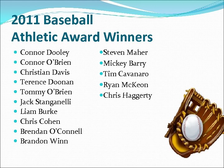 2011 Baseball Athletic Award Winners Connor Dooley Connor O’Brien Christian Davis Terence Doonan Tommy