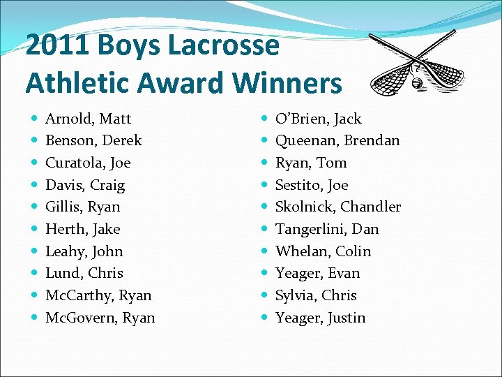 2011 Boys Lacrosse Athletic Award Winners Arnold, Matt Benson, Derek Curatola, Joe Davis, Craig