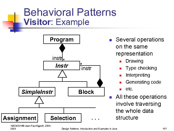 Behavioral Patterns Visitor: Example Program n instr * Instr Several operations on the same