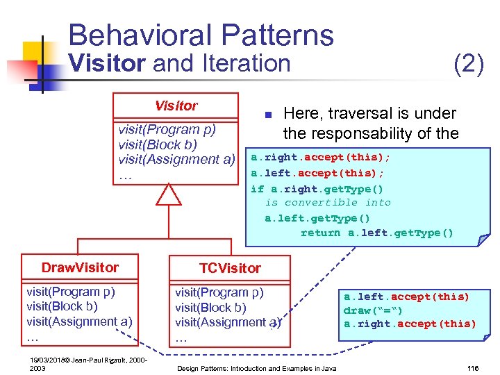 Behavioral Patterns Visitor and Iteration Visitor (2) Here, traversal is under visit(Program p) the