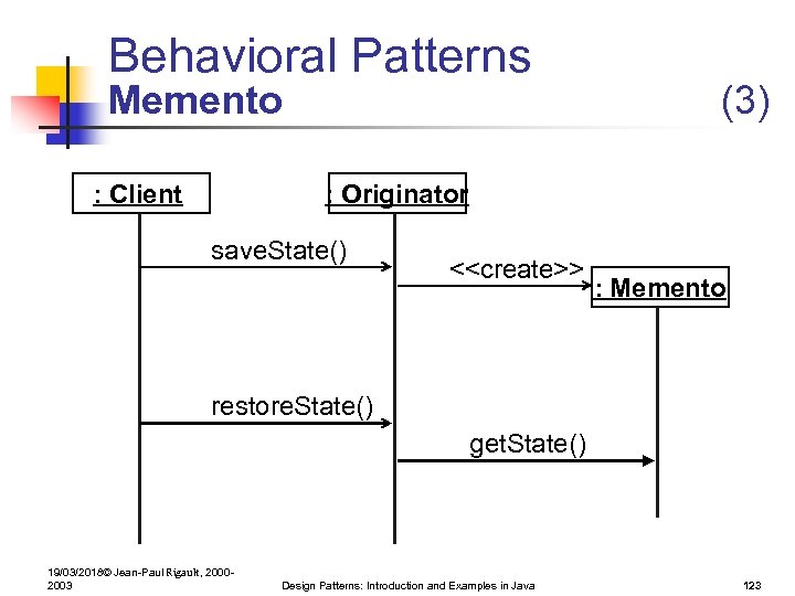 Behavioral Patterns Memento : Client (3) : Originator save. State() <<create>> : Memento restore.