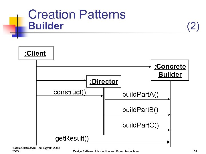 Creation Patterns Builder (2) : Client : Concrete Builder : Director construct() build. Part.