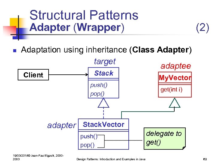 Structural Patterns Adapter (Wrapper) n (2) Adaptation using inheritance (Class Adapter) target adaptee Stack
