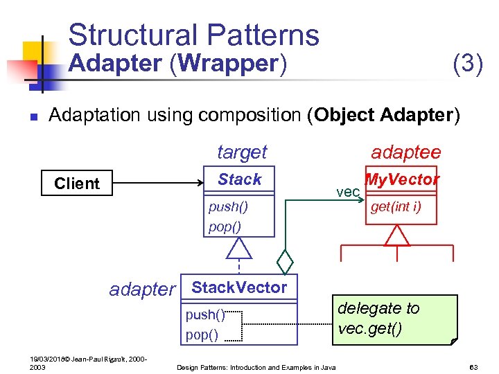 Structural Patterns Adapter (Wrapper) n (3) Adaptation using composition (Object Adapter) target Stack Client