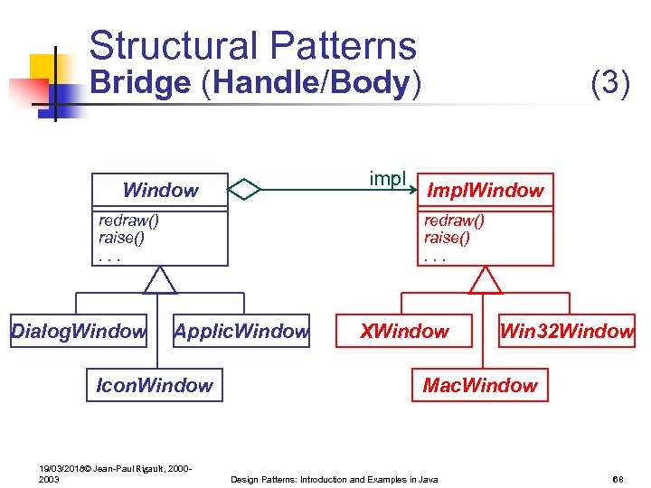 Structural Patterns Bridge (Handle/Body) impl Window redraw() raise(). . . Dialog. Window (3) Impl.