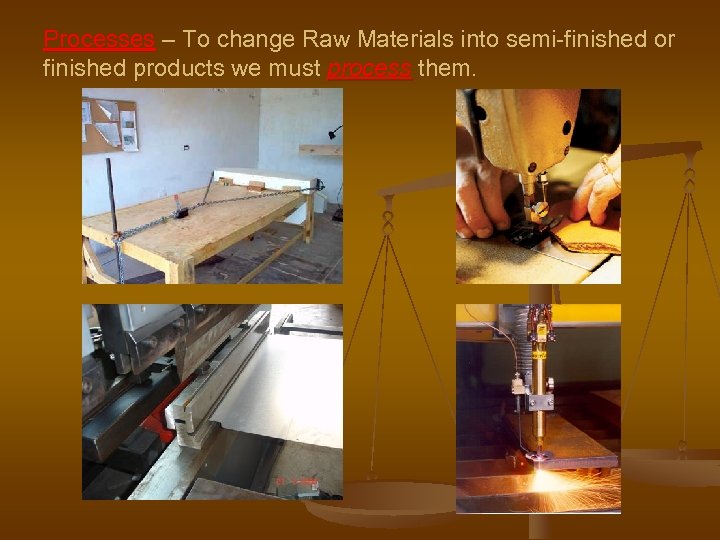 Processes – To change Raw Materials into semi-finished or finished products we must process