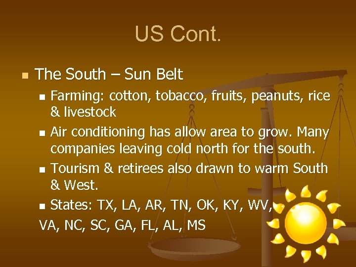 US Cont. n The South – Sun Belt Farming: cotton, tobacco, fruits, peanuts, rice