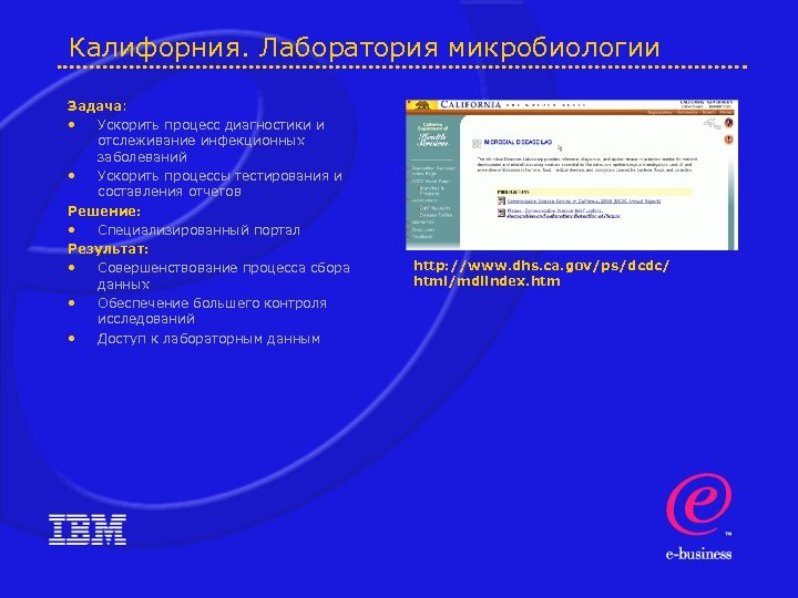 Калифорния. Лаборатория микробиологии Задача: • Ускорить процесс диагностики и отслеживание инфекционных заболеваний • Ускорить