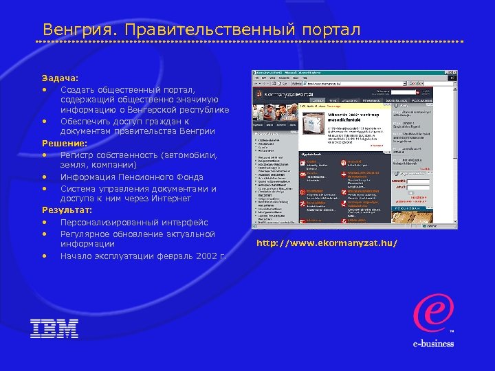Венгрия. Правительственный портал Задача: • Создать общественный портал, содержащий общественно значимую информацию о Венгерской