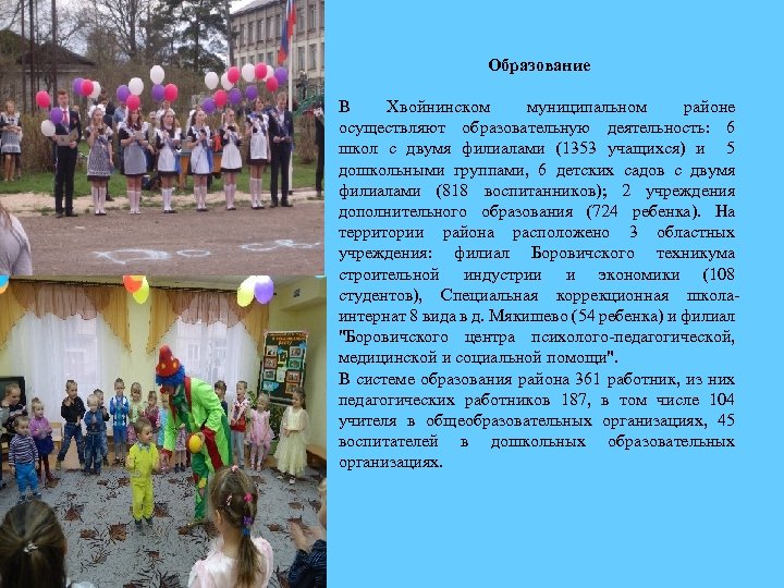 Образование В Хвойнинском муниципальном районе осуществляют образовательную деятельность: 6 школ с двумя филиалами (1353