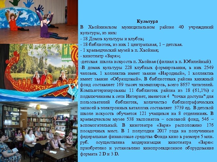 Культура В Хвойнинском муниципальном районе 40 учреждений культуры, из них: 18 Домов культуры и
