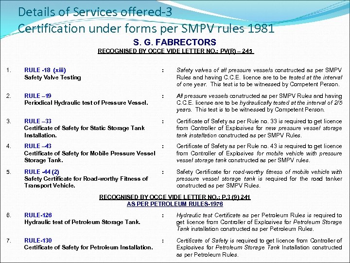 Details of Services offered-3 Certification under forms per SMPV rules 1981 S. G. FABRECTORS