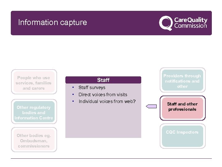 Information capture People who use services, families and carers Other regulatory bodies and Information