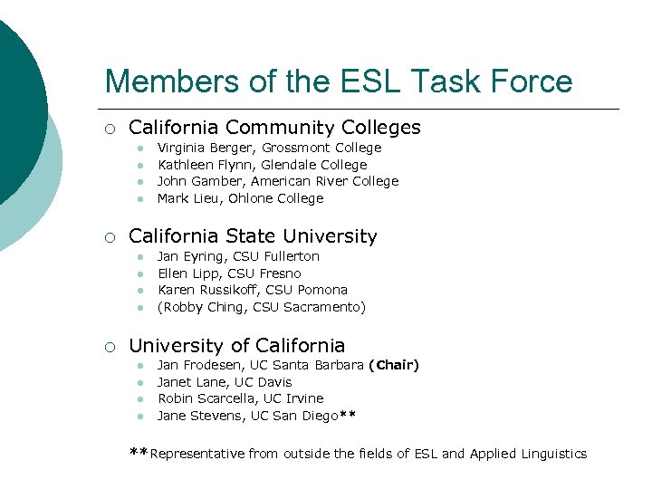 Members of the ESL Task Force ¡ California Community Colleges l l ¡ California