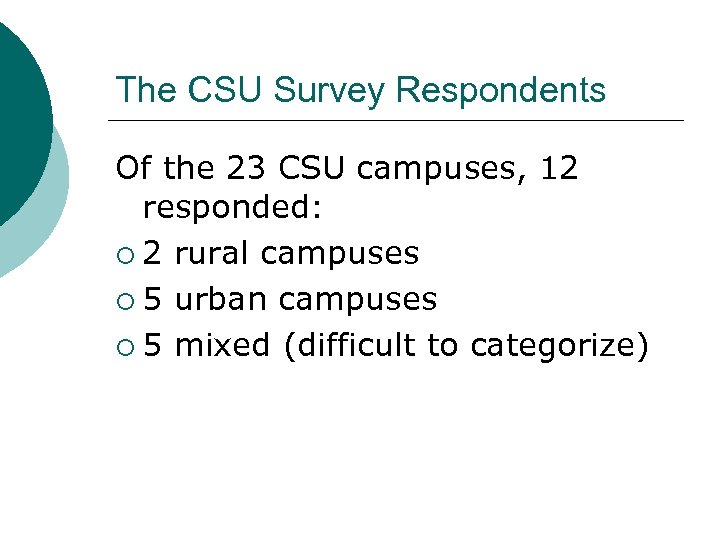 The CSU Survey Respondents Of the 23 CSU campuses, 12 responded: ¡ 2 rural