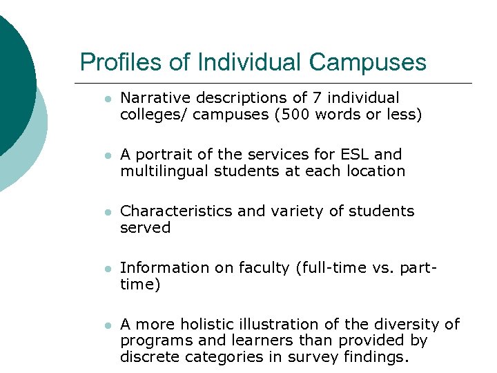 Profiles of Individual Campuses l Narrative descriptions of 7 individual colleges/ campuses (500 words