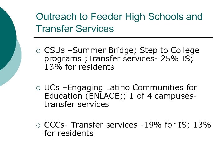 Outreach to Feeder High Schools and Transfer Services ¡ CSUs –Summer Bridge; Step to