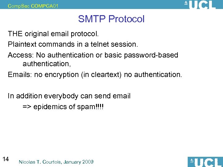 Comp. Sec COMPGA 01 SMTP Protocol THE original email protocol. Plaintext commands in a