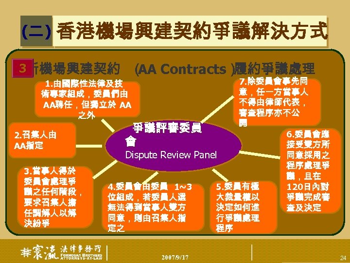 (二) 香港機場興建契約爭議解決方式 3新機場興建契約 （ Contracts） AA 履約爭議處理 7. 除委員會事先同 意，任一方當事人 不得由律師代表， 審查程序亦不公 開 爭議評審委員