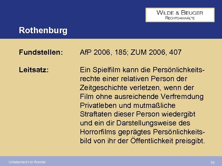 Rothenburg Fundstellen: Af. P 2006, 185; ZUM 2006, 407 Leitsatz: Ein Spielfilm kann die
