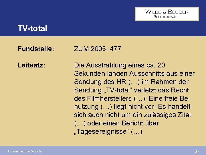 TV-total Fundstelle: ZUM 2005, 477 Leitsatz: Die Ausstrahlung eines ca. 20 Sekunden langen Ausschnitts
