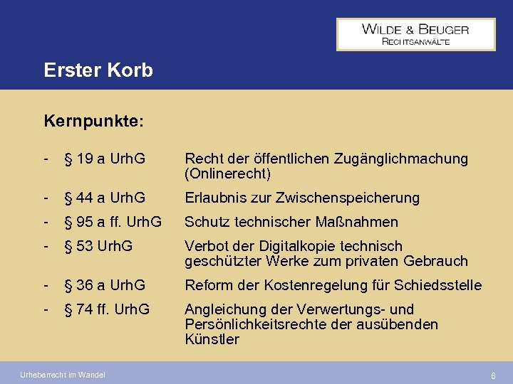 Erster Korb Kernpunkte: - § 19 a Urh. G Recht der öffentlichen Zugänglichmachung (Onlinerecht)