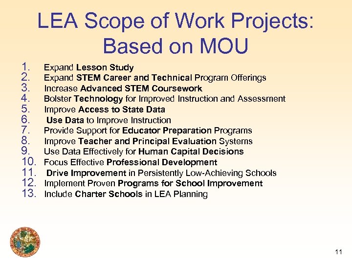 LEA Scope of Work Projects: Based on MOU 1. 2. 3. 4. 5. 6.