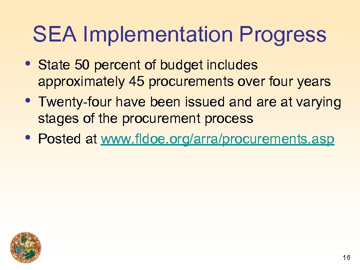 SEA Implementation Progress • • • State 50 percent of budget includes approximately 45
