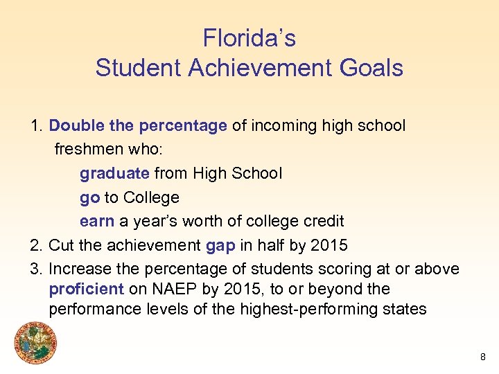 Florida’s Student Achievement Goals 1. Double the percentage of incoming high school freshmen who: