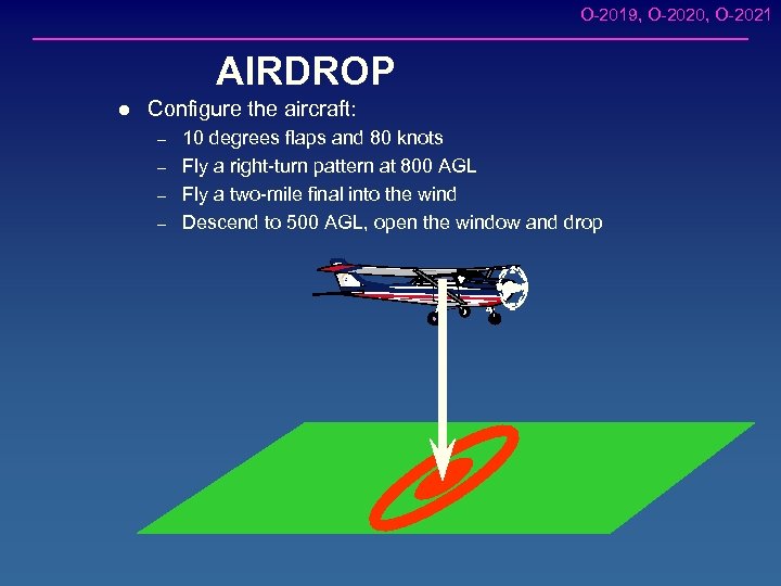 O-2019, O-2020, O-2021 AIRDROP l Configure the aircraft: – – 10 degrees flaps and