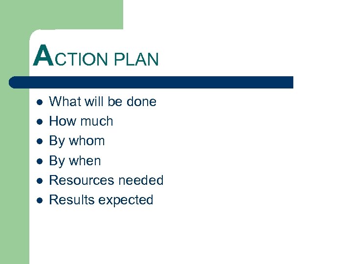 ACTION PLAN l l l What will be done How much By whom By