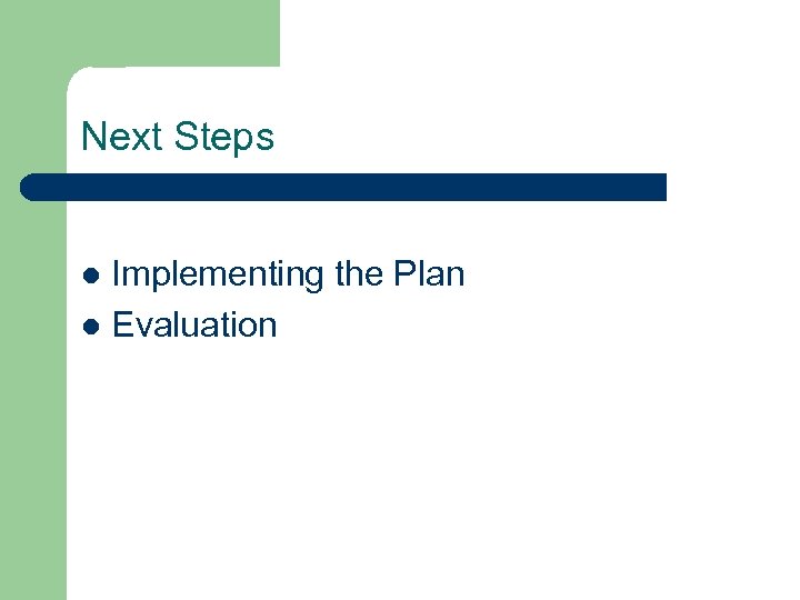 Next Steps Implementing the Plan l Evaluation l 