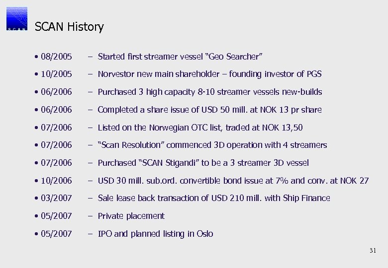 SCAN History • 08/2005 – Started first streamer vessel “Geo Searcher” • 10/2005 –