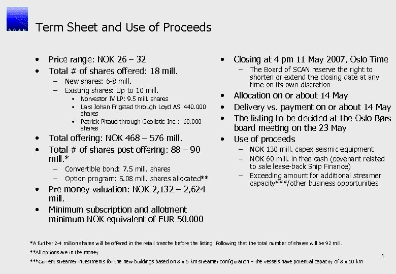 Term Sheet and Use of Proceeds • • Price range: NOK 26 – 32
