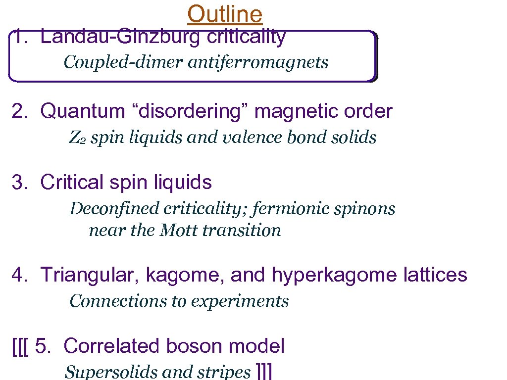 Outline 1. Landau-Ginzburg criticality Coupled-dimer antiferromagnets 2. Quantum “disordering” magnetic order Z 2 spin