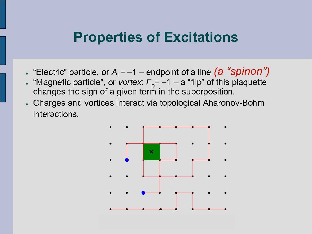 Properties of Excitations l l l “Electric” particle, or Ai = – 1 –