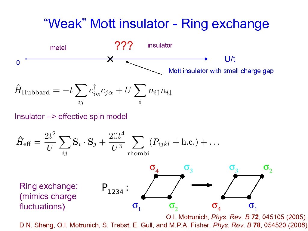 “Weak” Mott insulator - Ring exchange metal ? ? ? 0 insulator U/t Mott