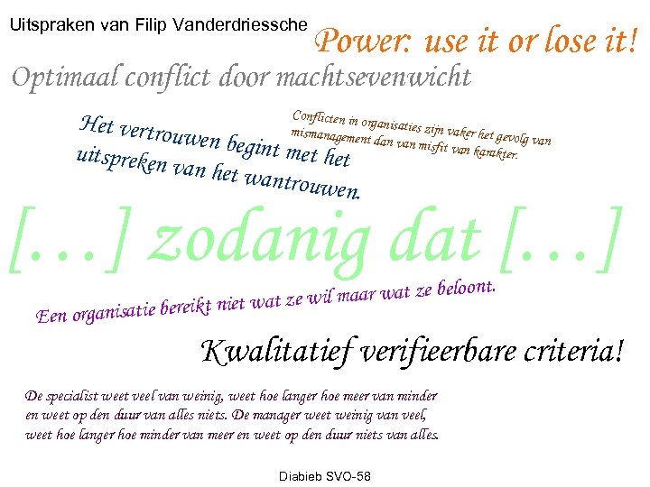 Uitspraken van Filip Vanderdriessche Power: use it or lose it! Optimaal conflict door machtsevenwicht