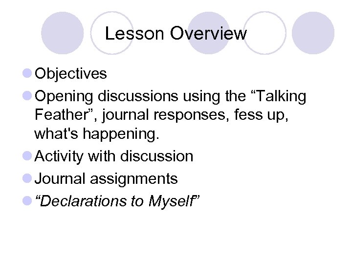 Lesson Overview l Objectives l Opening discussions using the “Talking Feather”, journal responses, fess
