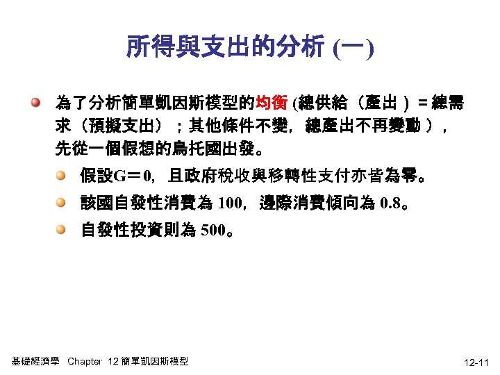 所得與支出的分析 (一) 為了分析簡單凱因斯模型的均衡 (總供給（產出）＝總需 求（預擬支出）；其他條件不變，總產出不再變動 ）， 先從一個假想的烏托國出發。 假設G＝ 0，且政府稅收與移轉性支付亦皆為零。 該國自發性消費為 100，邊際消費傾向為 0. 8。 自發性投資則為
