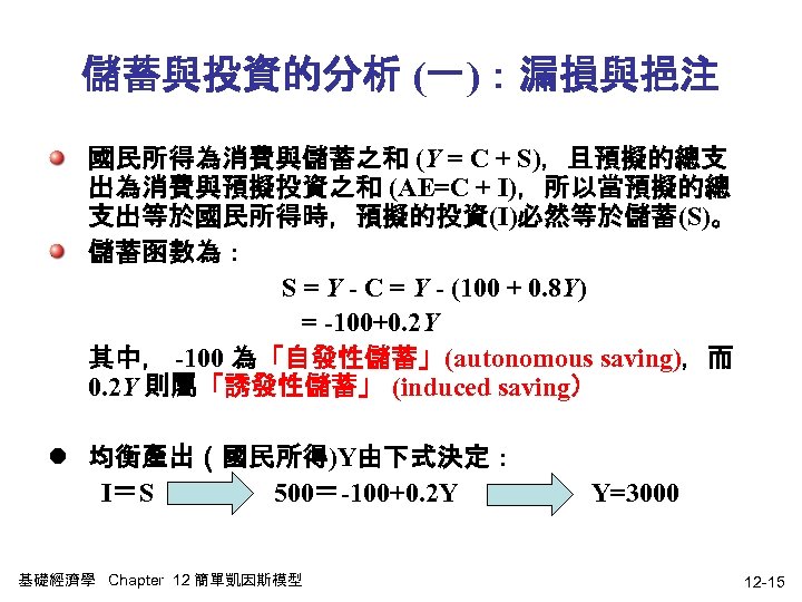 儲蓄與投資的分析 (一)：漏損與挹注 國民所得為消費與儲蓄之和 (Y = C + S)，且預擬的總支 出為消費與預擬投資之和 (AE=C + I)，所以當預擬的總 支出等於國民所得時，預擬的投資(I)必然等於儲蓄(S)。 儲蓄函數為：