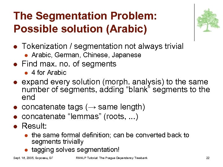 The Segmentation Problem: Possible solution (Arabic) l Tokenization / segmentation not always trivial l