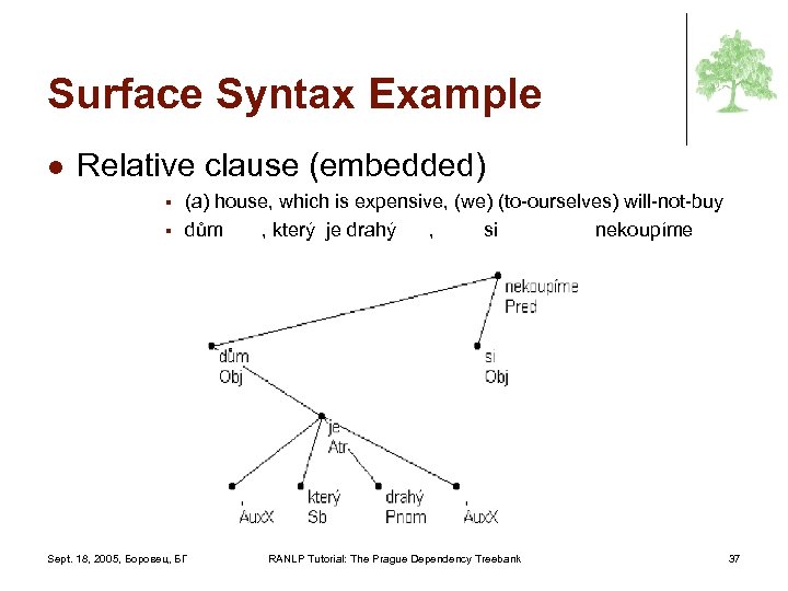 Surface Syntax Example l Relative clause (embedded) § § (a) house, which is expensive,