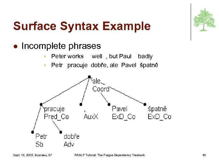 Surface Syntax Example l Incomplete phrases Peter works well , but Paul badly §