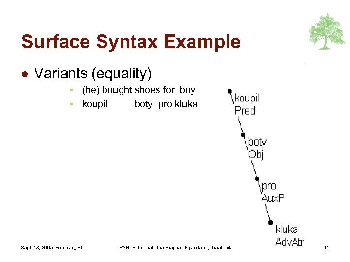 Surface Syntax Example l Variants (equality) (he) bought shoes for boy § koupil boty
