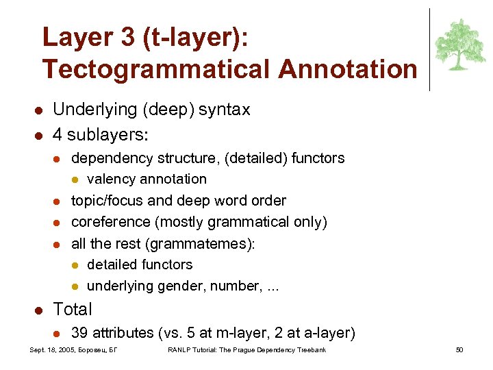 Layer 3 (t-layer): Tectogrammatical Annotation l l Underlying (deep) syntax 4 sublayers: l l